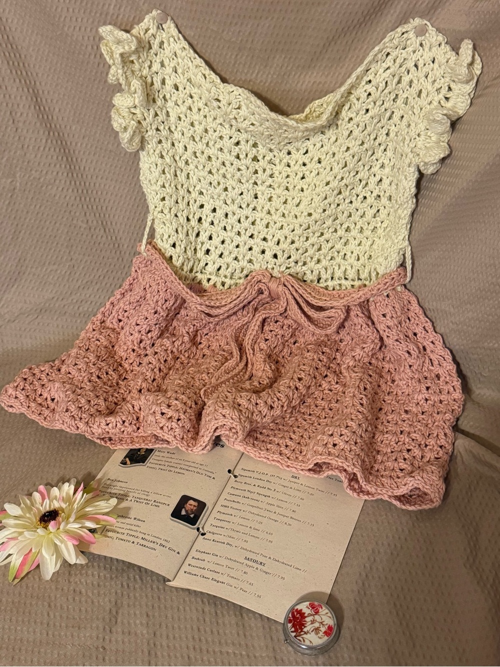Handmade Crochet Girls Dress Size 7/8 Cream Dusty Rose Ruffle Tie Waist OOAK
